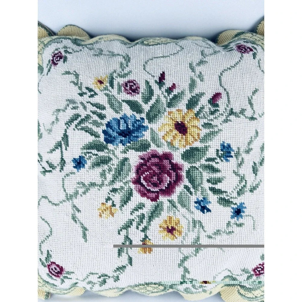 Needlepoint Pillow - Floral Design, Velvet Back, Cottagecore Flowers Grannycore